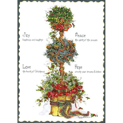 Flowers and Holly Topiary Tree : Peggy Abrams Pop Out 3-D Christmas Card: Joy - happiness and laughter - Peace - the spirit of the season - Love - the heart of Christmas - Hope - create your dreams & believe