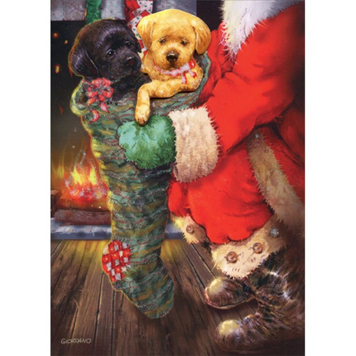 Fireside Puppies in Stocking : Giordano Hand Embellished Christmas Card