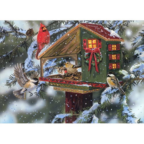 Winter Party House Cardinals and Chickadees : Janene Grende Christmas Card