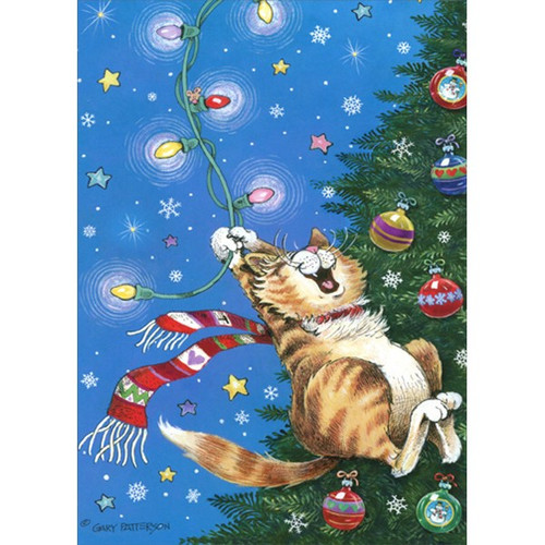 Cat Swinging from Christmas Tree Lights : Gary Patterson Funny Christmas Card