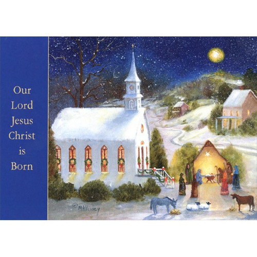 Holy Night Nativity and Church : Mary Ann Vessey Religious Christmas Card: Our Lord Jesus Christ is Born