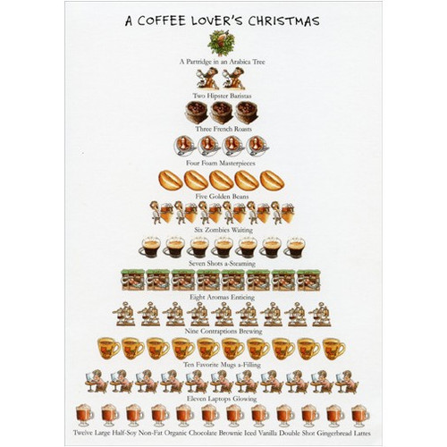 Coffee Lover's Christmas - 12 Days of Christmas Christmas Card: A Coffee Lover's Christmas - A Partridge in an Arabica Tree - Two Hipster Baristas - Three French Roasts - Four Foam Masterpieces - Five Golden Beans - Six Zombies Waiting - Seven Shots a-Steaming - Eight Aromas Enticing - Nine Contraptions Brewing - Ten Favorite Mugs a-Filling - Eleven Laptops Glowing - Twelve Large Half-Soy Non-Fat Organic Chocolate Brownie Iced Vanilla Double Shot Gingerbread Lattes