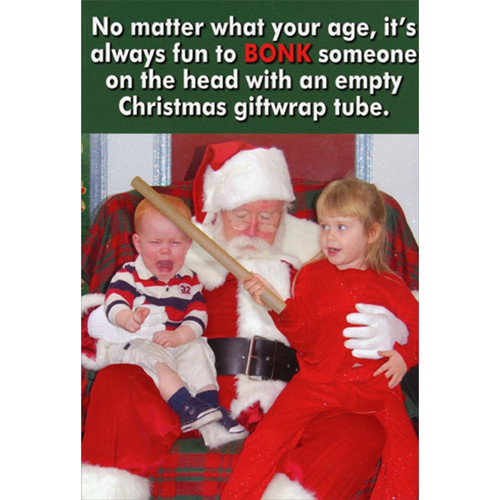 Christmas Giftwrap Tube Bonk Box of 12 Funny / Humorous Christmas Cards: No matter what your age, it's always fun to BONK someone on the head with an empty Christmas giftwrap tube.