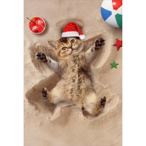 Kitten Making Sand Angels Box of 12 Cute Tropical / Warm Weather  Christmas Cards