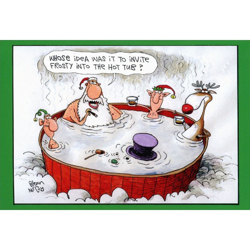 Invite Frosty Box of 12 Funny / Humorous Christmas Cards: Whose idea was it to invite Frosty into the hot tub?