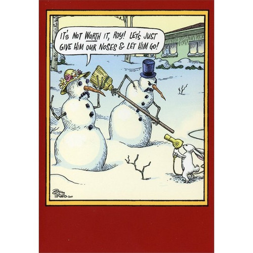 Rabbit Robbery Box of 12 Funny / Humorous Christmas Cards: It's not worth it, Roy!  Let's just give him our noses & let him go!