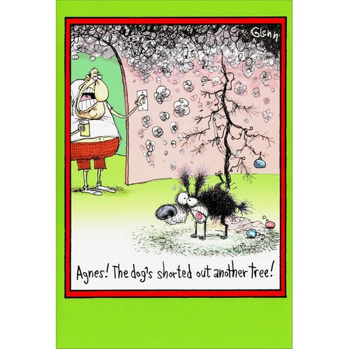 Dog Shorted Out Tree Box of 12 Funny Christmas Cards: Agnes! The dog's shorted out another tree!