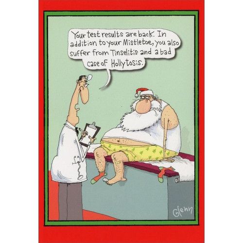 Mistletoe, Tinselitis and Hollytosis Box of 12 Funny / Humorous Christmas Cards: Your test results are back. In addition to your Mistletoe, you also suffer from Tinselitis and a bad case of Hollytosis.