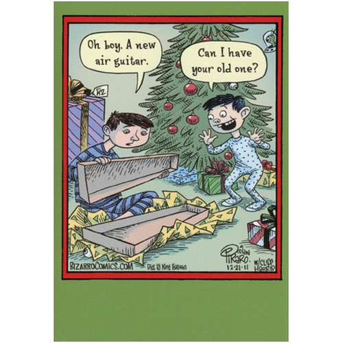 Airy Christmas Box of 12 Funny / Humorous Christmas Cards: Oh boy. A new air guitar. Can I have your old one?