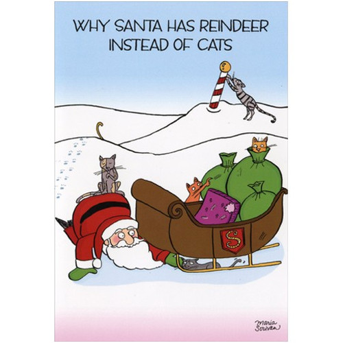 Reindeer Instead of Cats Box of 12 Funny Christmas Cards: Why Santa has reindeer instead of cats