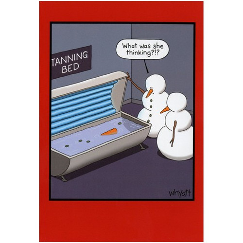 Snowman Tanning Bed Funny Tim Whyatt Box of 12 Christmas Cards: Tanning Bed  -  What was she thinking?