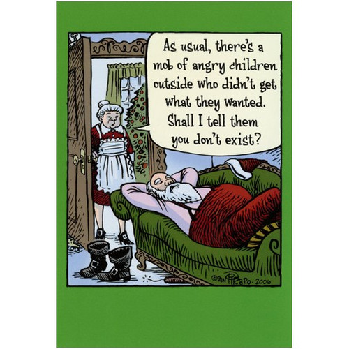 Santa Mob of Angry Children Box of 12 Funny Bizarro Christmas Cards: As usual, there's a mob of angry children outside who didn't get what they wanted.  Shall I tell them you don't exist?
