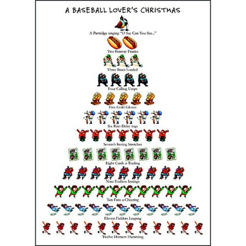 Baseball Lover's - 12 Days of Christmas Box of 15 Christmas Cards: A Baseball Lover's Christmas - A Partridge Singing “O Say Can You See…” - Two Fenway Franks - Three Bases Loaded - Four Calling Umps - Five Gold Gloves - Six Rain Delay-ings - Seventh Inning Stretches - Eight Cards a-Trading - Nine Endless Innings - Ten Fans a-Cheering - Eleven Fielders Leaping - Twelve Homers Humming