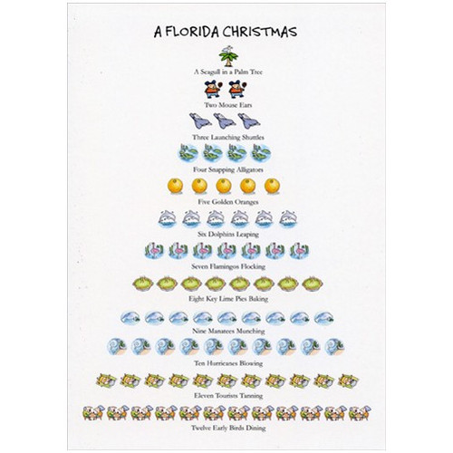 Florida - 12 Days of Christmas Box of 15 Christmas Cards: A Florida Christmas ~ A Seagull in a Palm Tree ~ Two Mouse Ears ~ Three Launching Shuttles ~ Four Snapping Alligators ~ Five Golden Oranges ~ Six Dolphins Leaping ~ Seven Flamingos Flocking ~ Eight Key Lime Pies Baking ~ Nine Manatees Munching ~ Ten Hurricanes Blowing ~ Eleven Tourists Tanning ~ Twelve Early Birds Dining.