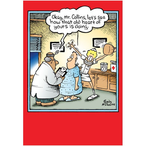 Heart Test Funny / Humorous Birthday Card: Okay, Mr. Collins, let's see how that old heart of yours is doing.