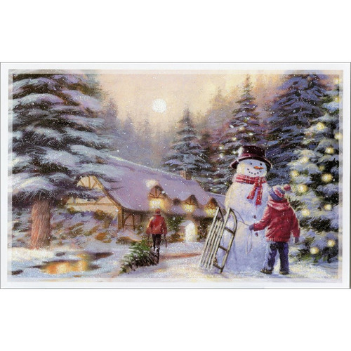 Boy, Sled and Snowman at Snowy Cottage Box of 12 Christmas Cards