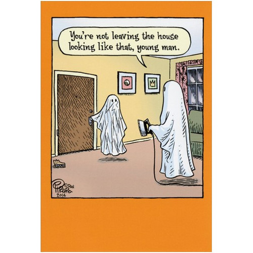 Wrinkled Ghost  Funny Halloween Card: You're not leaving the house looking like that, young man.