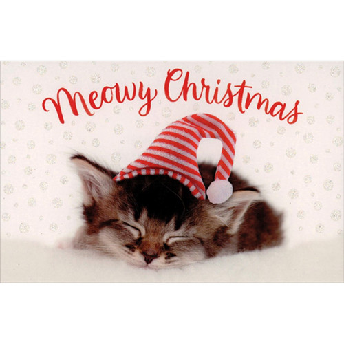 Meowy Christmas Sleeping Kitten in Red and White Striped Hat Box of 14 Christmas Cards: Meowy Christmas