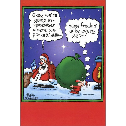 Where We Parked Funny / Humorous Christmas Card: Okay, we're going in - remember where we parked!  Ha Ha..  Same freakin' joke every year!