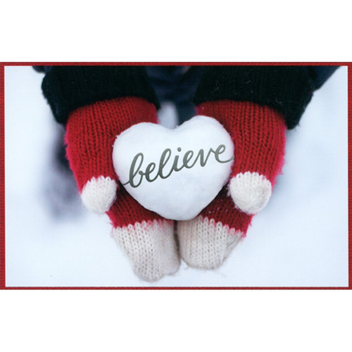 Believe : White Heart Shaped Snowball : Red Mittens Box of 12 Christmas Cards: believe