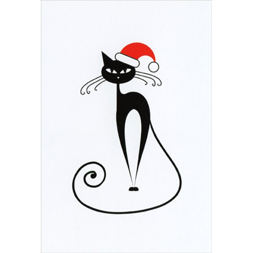 Thin Black Cat with Santa Hat Christmas Card