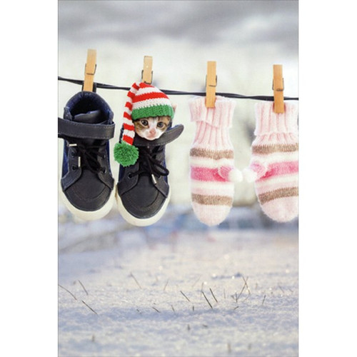 Kitten in Sneaker on Clothesline Cute Christmas Card