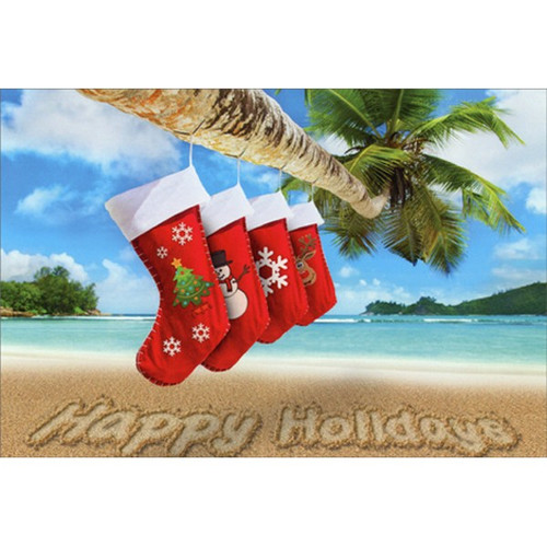 Stockings Hanging on Palm Tree Warm Weather Tropical Christmas Card: Happy Holidays