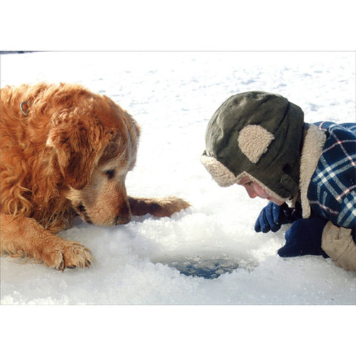 Dog and Boy Looking Into Ice Fishing Hole Box of 12 Christmas Cards