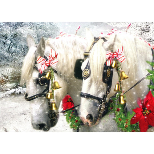 Two White Horses : Red and White Ribbons Box of 12 Christmas Cards