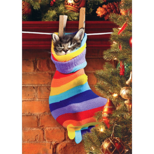 Sleeping Cat Inside Colorful Striped Stocking Cute Kitten Box of 12 Christmas Cards