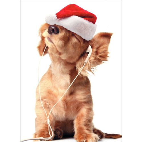 Puppy Wearing Earbuds and Santa Hat Cute Christmas Card