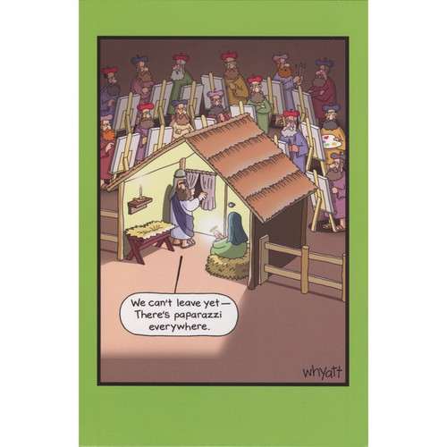 Paparazzi Manger Scene Funny / Humorous Box of 12 Christmas Cards: We can't leave yet - There's paparazzi everywhere.