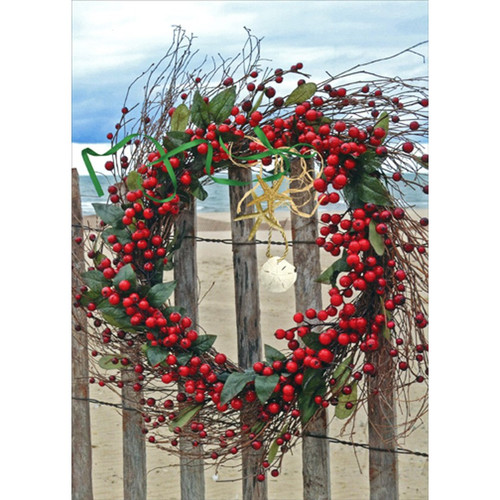 Wreath and Fence at Beach Warm Weather Coastal Christmas Card