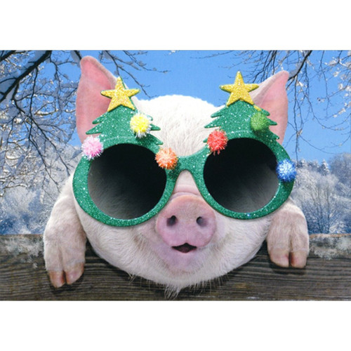 Pig Wearing Festive Evergreen Tree Glasses Cute Funny / Humorous Christmas Card