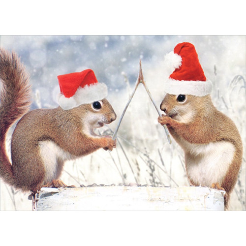 Squirrels Holding Wishbone Funny Humorous Christmas Card 3993
