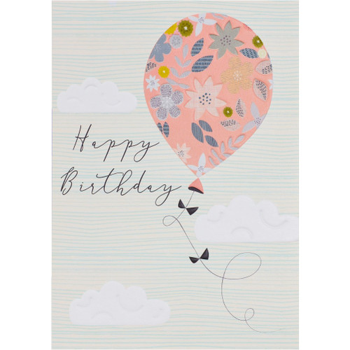 Pink Balloon and White Clouds Embossed Birthday Card: Happy Birthday