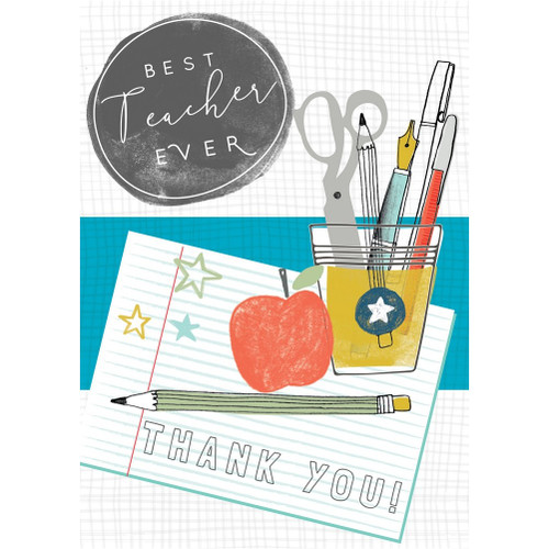 Best Teacher Ever Apple, Pencil and Paper Embossed Thank You Card: Best Teacher Ever - Thank You