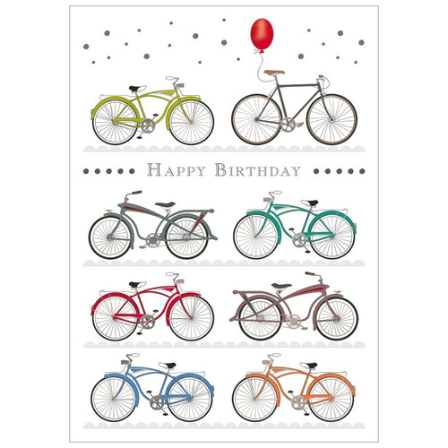 Six Colorful Bicycles with Silver Foil Rims Birthday Card: Happy Birthday