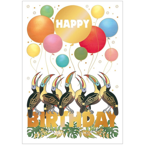 Seven Toucans Holding Balloons Birthday Card: Happy Birthday