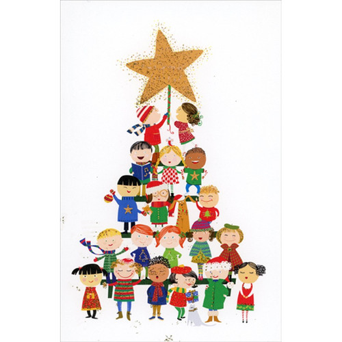 Children Forming Tree Shape : Large Gold Star Christmas Card