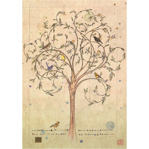 Birds Perched on Thin Tree with Swirling Branches Blank Note Card