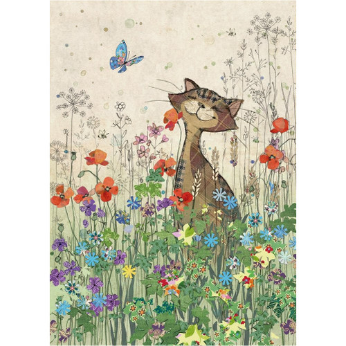 Brown Cat and Small Blue Butterfly in Meadow Blank Note Card