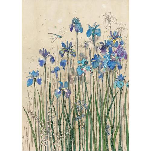 Blue Iris Border and Dragonfly Blank Note Card