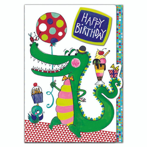 Crocodile with Ice Cream Sundae and Balloon Birthday Card for Kid / Child: Happy Birthday