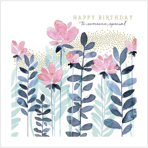 Blue and Pink Flowers with Gold Dots Birthday Card: Happy Birthday to someone special