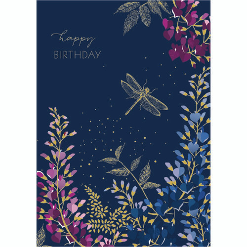 Gold Foil Dragonfly and Plants on Deep Blue Birthday Card: happy BIRTHDAY
