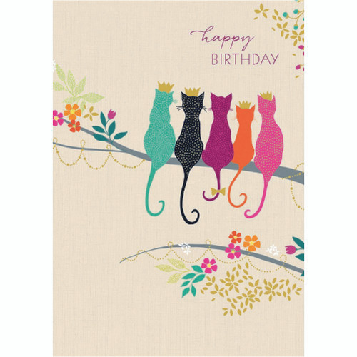 Five Colorful Embossed Cats Birthday Card: happy BIRTHDAY