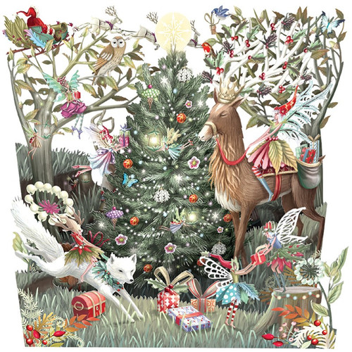 Forest Fairies, Deer, Fox and Trees 3D Zig Zag Fold Out Laser Cut Christmas Card