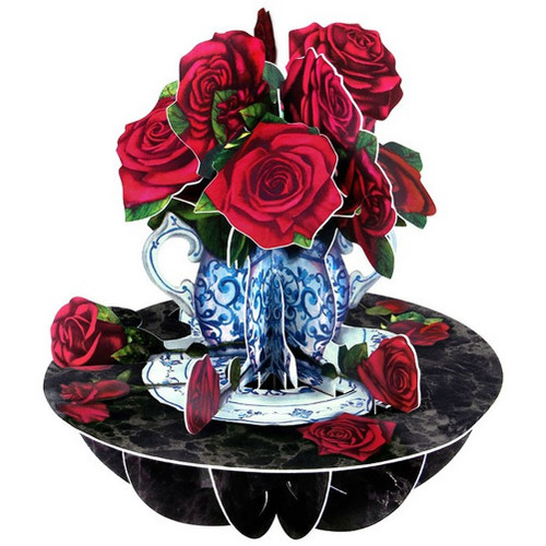 Red Roses in White and Blue Cup Santoro Pirouettes 3D Pop Up Keepsake Greeting Card