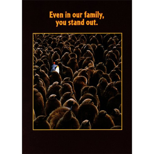 Penguin In Crowd Funny Relative Birthday Card: Even in our family, you stand out.